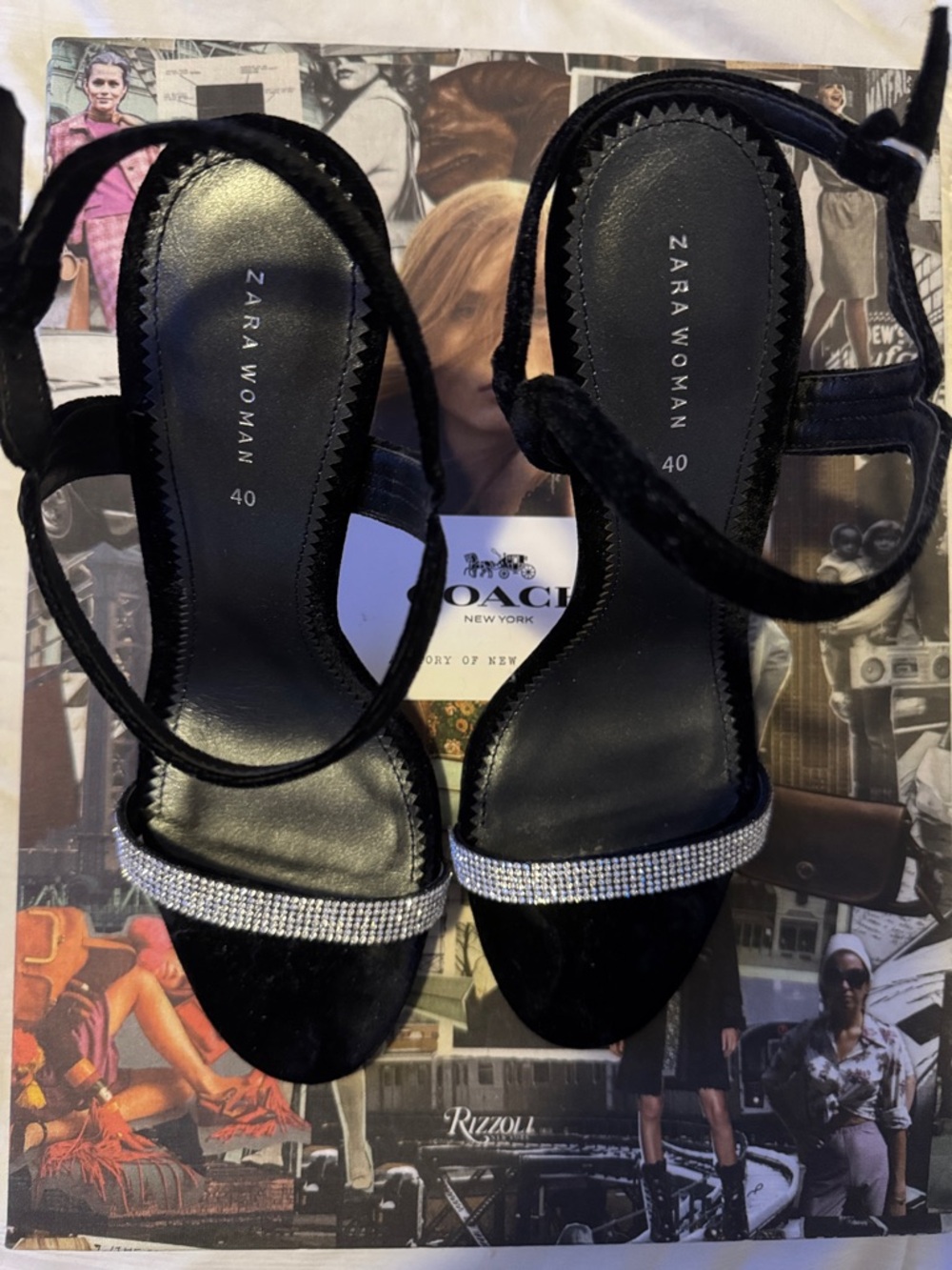 Zara Black Velvet Heels with Crystal Strap